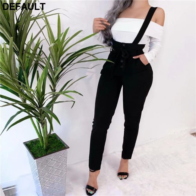 Women Streetwear Long Pants Bandage Design Button Pockets Decor High Waist Pencil Lady Slim Hips Shoulder Straps