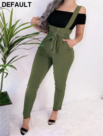 Women Streetwear Long Pants Bandage Design Button Pockets Decor High Waist Pencil Lady Slim Hips Shoulder Straps