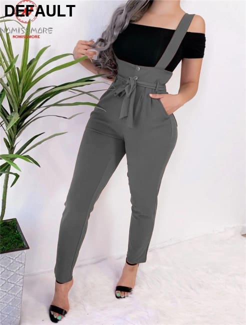 Women Streetwear Long Pants Bandage Design Button Pockets Decor High Waist Pencil Lady Slim Hips Shoulder Straps