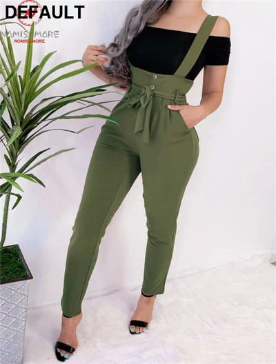 Women Streetwear Long Pants Bandage Design Button Pockets Decor High Waist Pencil Lady Slim Hips Shoulder Straps