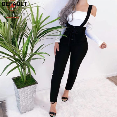 Women Streetwear Long Pants Bandage Design Button Pockets Decor High Waist Pencil Lady Slim Hips Shoulder Straps