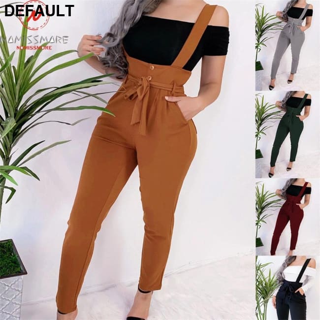 Women Streetwear Long Pants Bandage Design Button Pockets Decor High Waist Pencil Lady Slim Hips Shoulder Straps