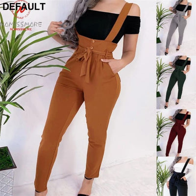 Women Streetwear Long Pants Bandage Design Button Pockets Decor High Waist Pencil Lady Slim Hips Shoulder Straps