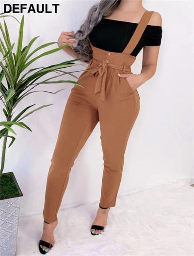 Women Streetwear Long Pants Bandage Design Button Pockets Decor High Waist Pencil Lady Slim Hips Shoulder Straps
