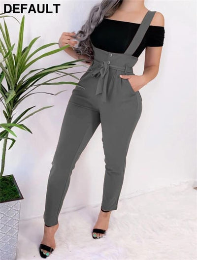 Women Streetwear Long Pants Bandage Design Button Pockets Decor High Waist Pencil Lady Slim Hips Shoulder Straps