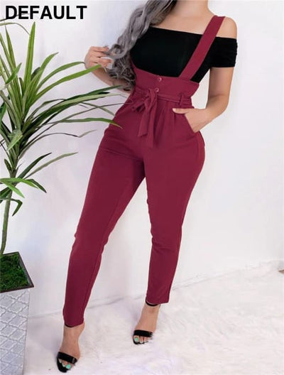 Women Streetwear Long Pants Bandage Design Button Pockets Decor High Waist Pencil Lady Slim Hips Shoulder Straps