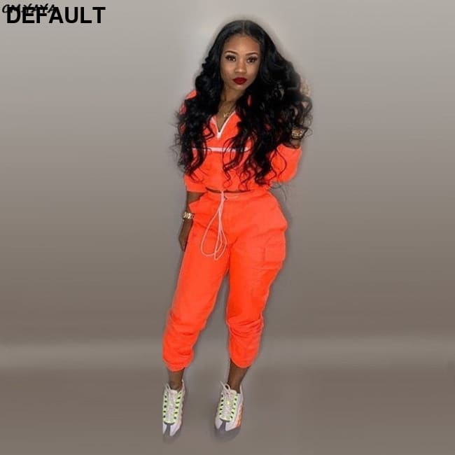 Women zip up neck long sleeve short trench safari pants suits two pieces set Orange / S Jumpsuits & Rompers Best