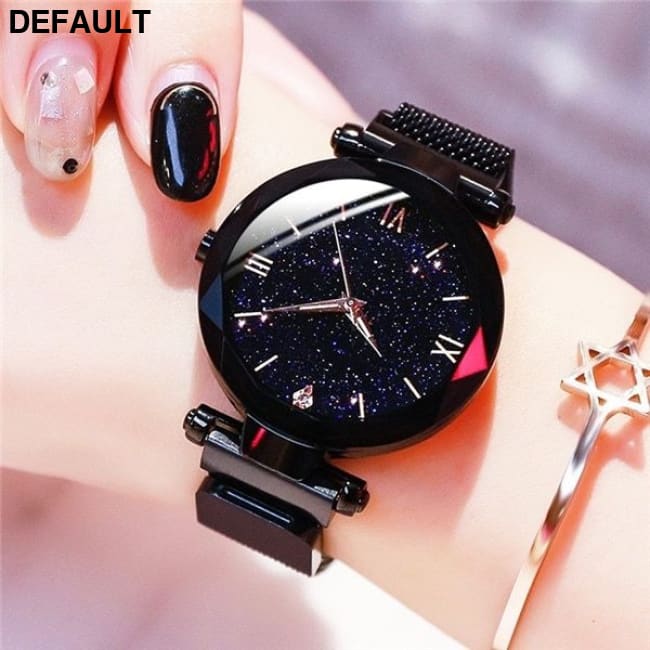 Women’s Fashion Starry Sky Watches Magnet Buckle Mesh Belt Diamond Quartz Watch Women Dress Clock Black