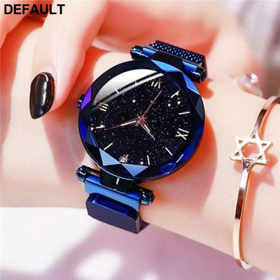 Women’s Fashion Starry Sky Watches Magnet Buckle Mesh Belt Diamond Quartz Watch Women Dress Clock Blue