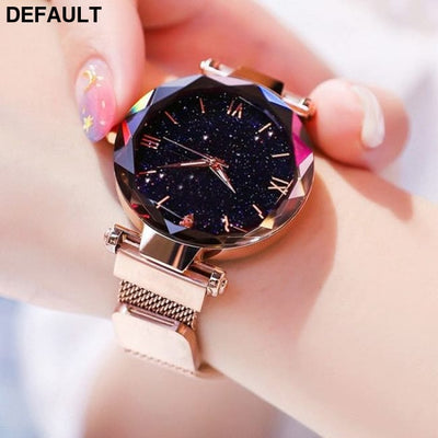 Women’s Fashion Starry Sky Watches Magnet Buckle Mesh Belt Diamond Quartz Watch Women Dress Clock Rose Gold
