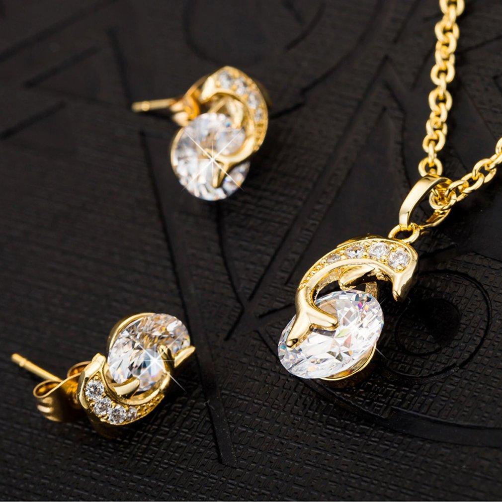 1 SET Fashion Elegant Women Jewelry Creative Dolphin Necklace Pendant Rhinestone Earrings Alloy Ear Studs for Wedding Party