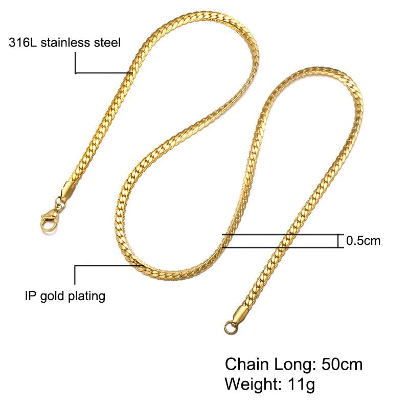 HIP Hop Gold Color Stainless Steel Curb Cuban Link Chain Necklaces Trendy Choker 50CM Long Flat Snake Chain for Men Jewelry