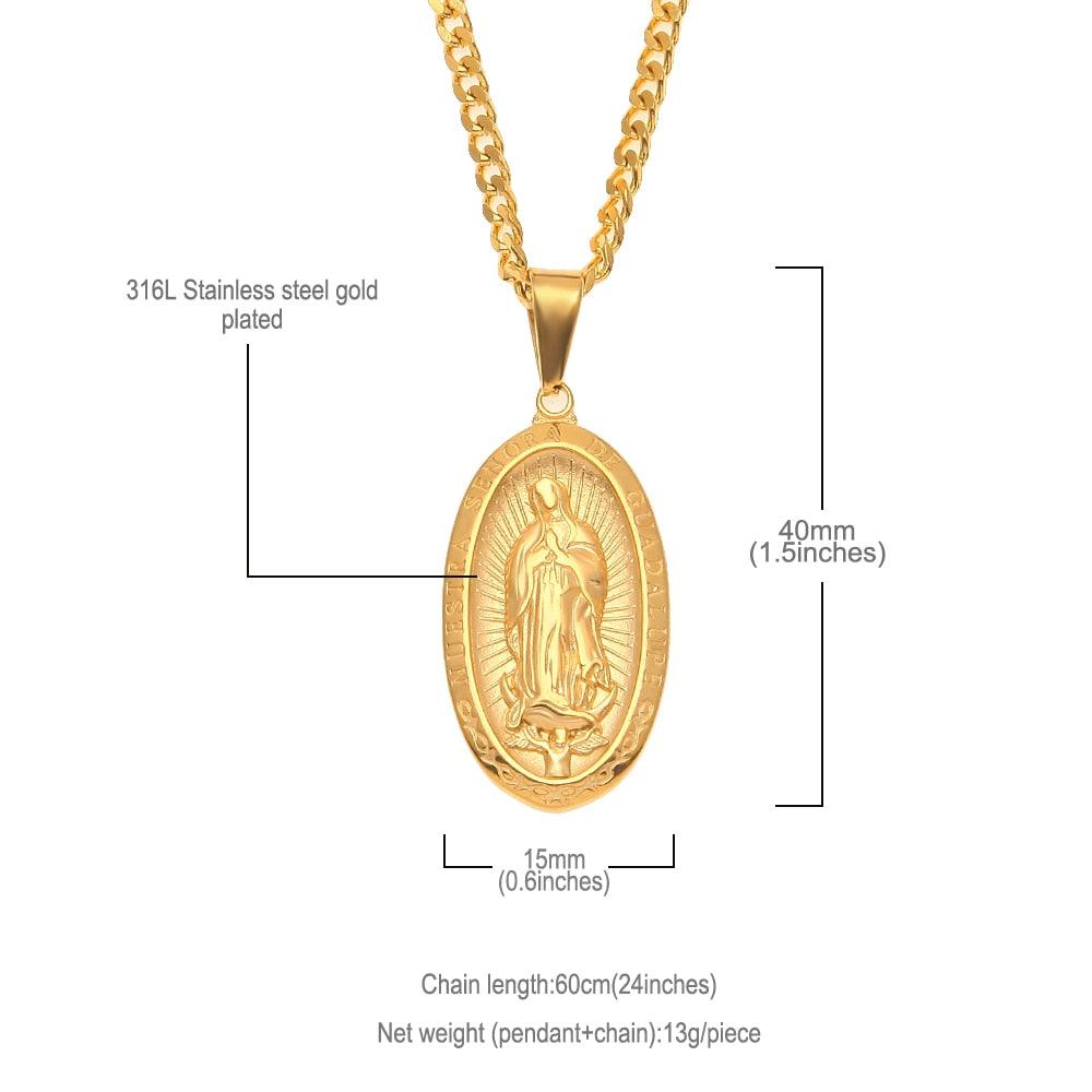 Catholic Religious Virgin Mary Necklace Pendant Stainless Steel Gold Color Cross Medallion Necklace