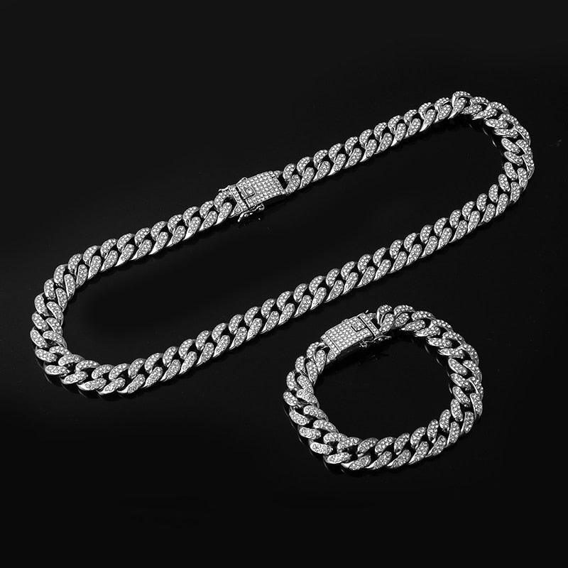 Hip Hop Iced Out Paved Rhinestones 1Set 8MM 13MM Full Miami Curb Cuban Chain CZ Bling Rapper Necklaces For Men Jewelry - DRE's Electronics and Fine Jewelry