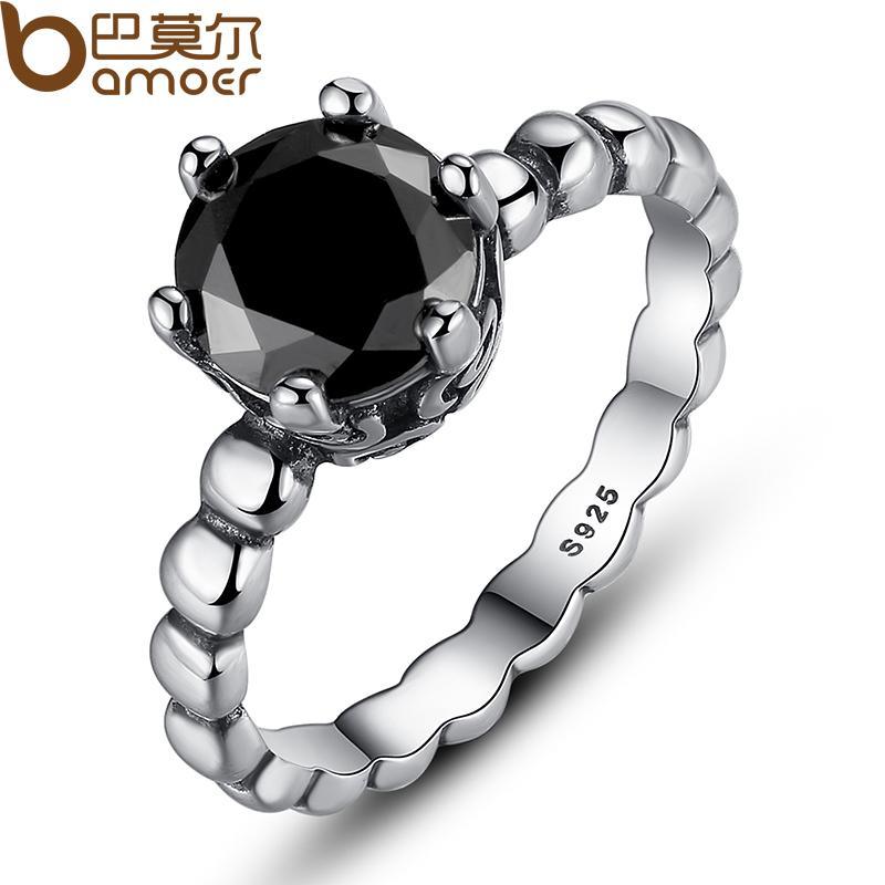 BAMOER Finger Ring with Black Cubic Zirconia Wedding Jewelry PA7205 - DRE's Electronics and Fine Jewelry