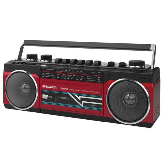 SYLVANIA SRC232BT-RED Bluetooth Retro Cassette Boombox with FM Radio (Red) - Electronics & computer||Portable audio video||Boomboxes