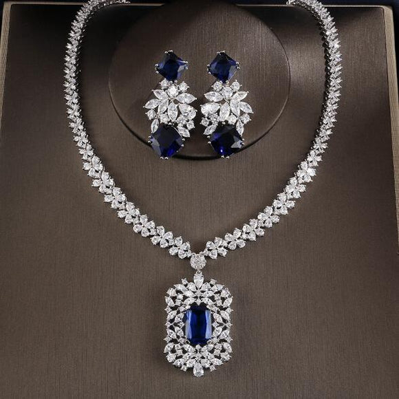 Cubic Zirconia Tag Necklace Earring Jewelry Set - Blue - Sets