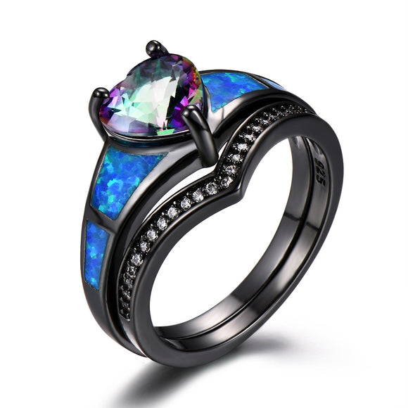 Heart Fire Opal Rings For Women Vintage Fashion Jewelry Engagement Black Gold Filled Rainbow Blue Birthstone Ring - Sterling Silver