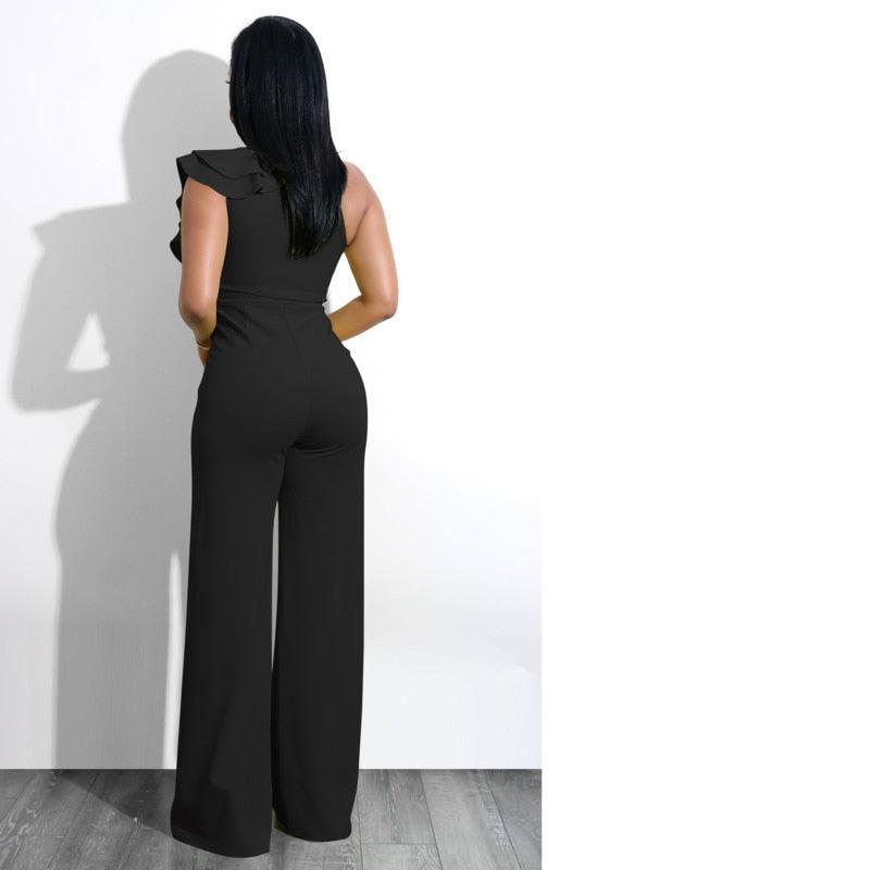 One Shoulder Ruffles Jumpsuits For Women Fashion V Neck Long Wide Leg Pants - DRE's Electronics and Fine Jewelry