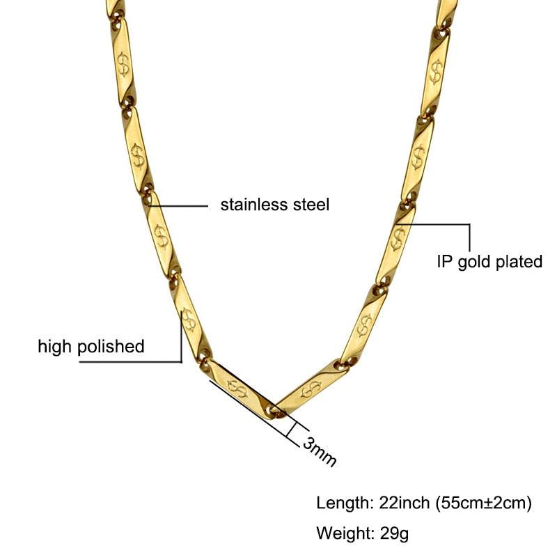 High Polished Gold Color Titanium Stainless Steel US Dollar Pattern Stick Aberdeen Chain Necklaces for Men Jewelry - DRE's Electronics and Fine Jewelry