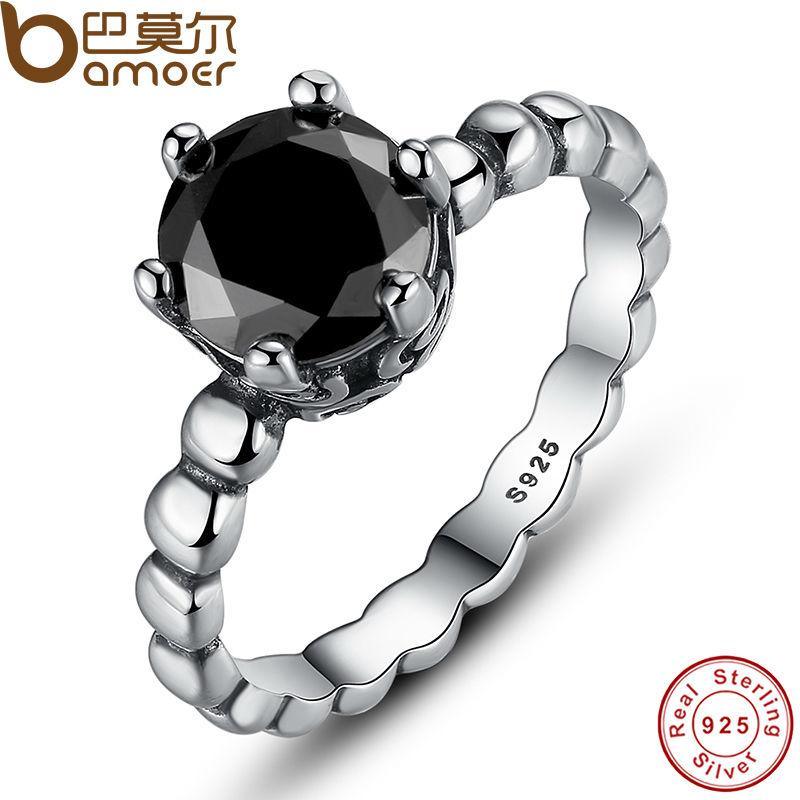 BAMOER 925 Sterling Silver Ring with Black Cubic Zirconia PA7109