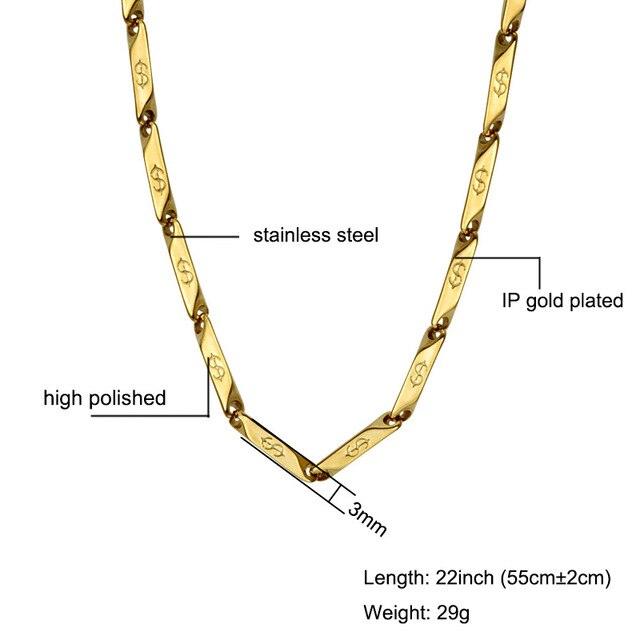 High Polished Gold Color Titanium Stainless Steel US Dollar Pattern Stick Aberdeen Chain Necklaces for Men Jewelry - DRE's Electronics and Fine Jewelry