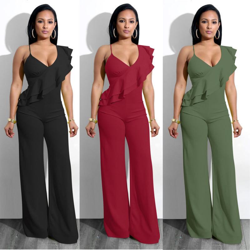 One Shoulder Ruffles Jumpsuits For Women Fashion V Neck Long Wide Leg Pants - DRE's Electronics and Fine Jewelry