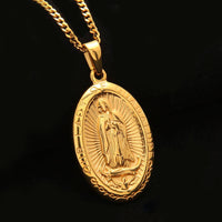 Catholic Religious Virgin Mary Necklace Pendant Stainless Steel Gold Color Cross Medallion Necklace - DRE's Electronics and Fine Jewelry