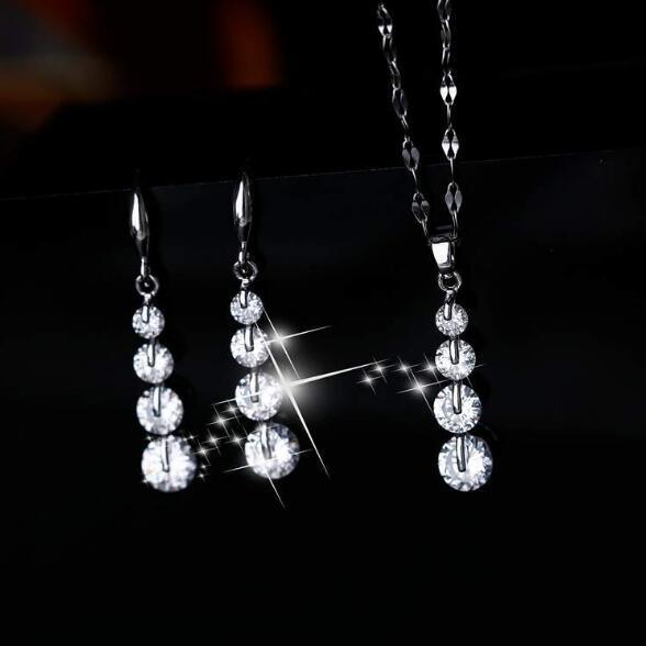 925 Sterling Silver Link Chain Crystal Pendant Jewelry Set