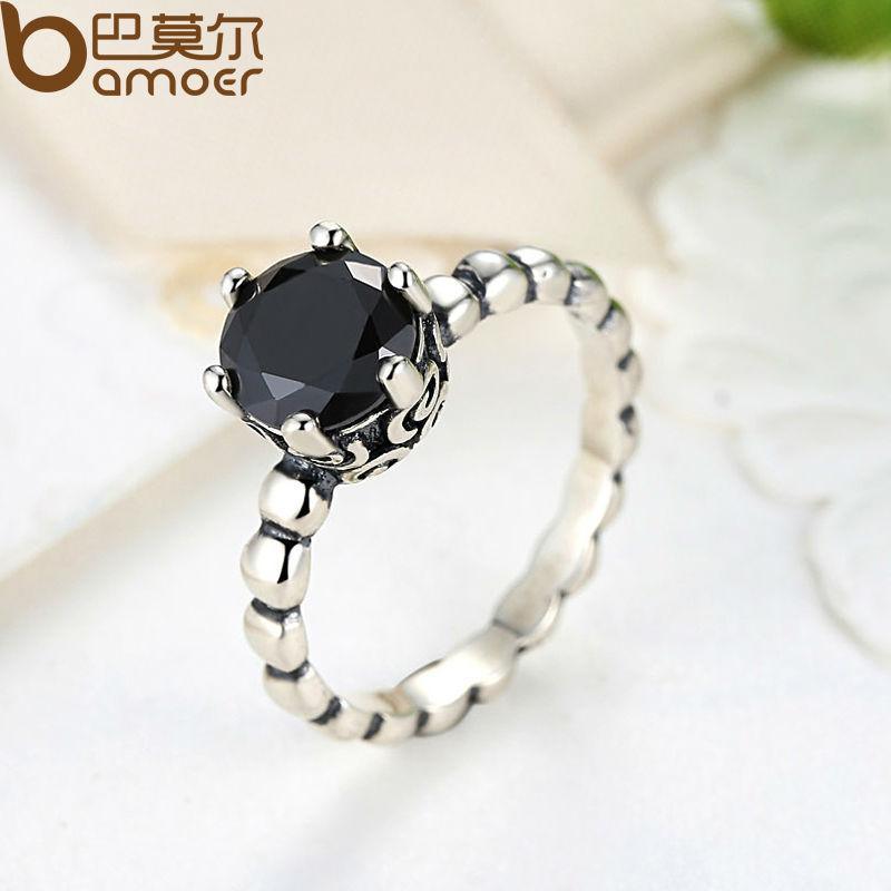 BAMOER Finger Ring with Black Cubic Zirconia Wedding Jewelry PA7205 - DRE's Electronics and Fine Jewelry