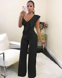 One Shoulder Ruffles Jumpsuits For Women Fashion V Neck Long Wide Leg Pants - DRE's Electronics and Fine Jewelry