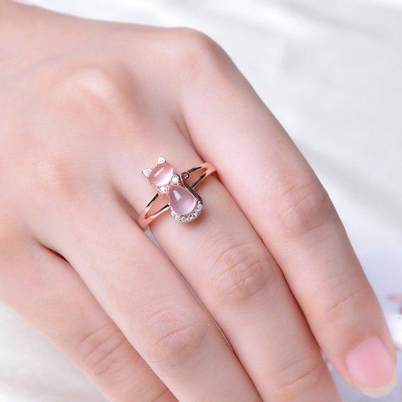 Cute Cat Animal CZ Ross Quartz Crystal Pink Opal Rings