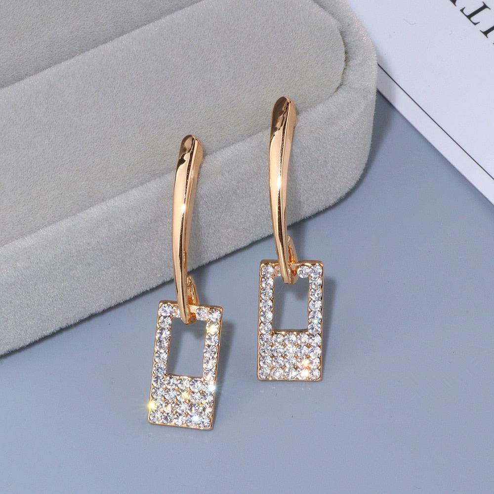 Luxury Classic Gold Color Long Crystal Earring Brincos Simple Geometric Square Drop Earrings - DRE's Electronics and Fine Jewelry