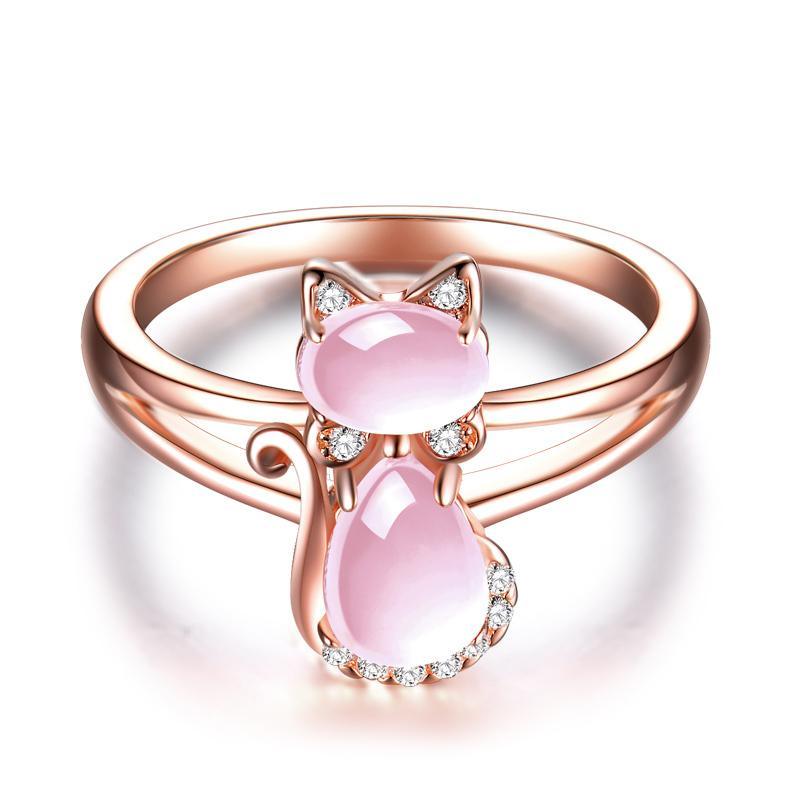 Cute Cat Animal CZ Ross Quartz Crystal Pink Opal Rings