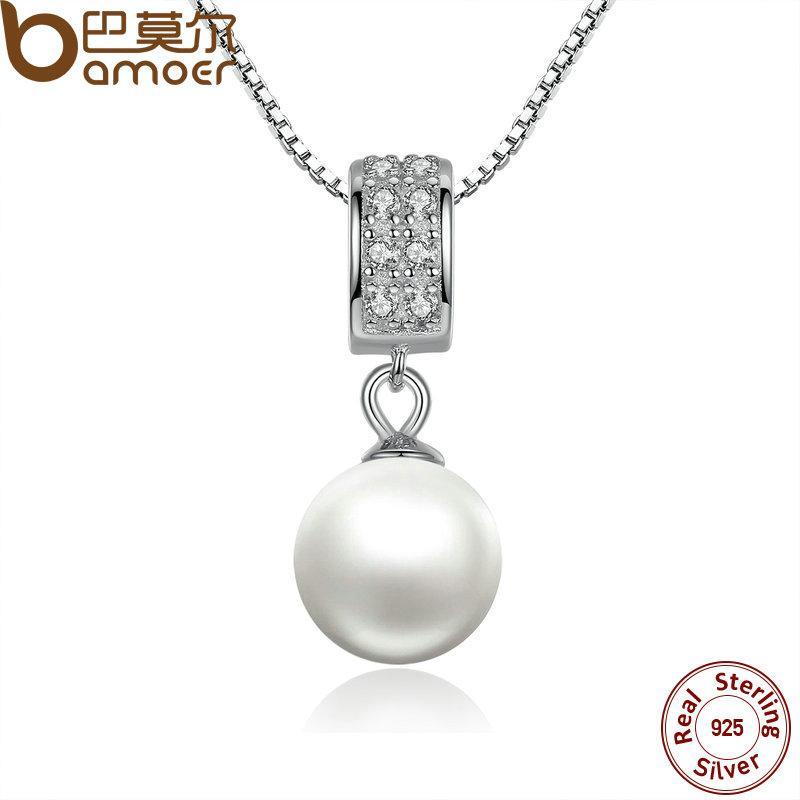 BAMOER 925 Sterling Silver Simulated Pearl Pendant Necklace Long Chain Necklace SCN030 - DRE's Electronics and Fine Jewelry