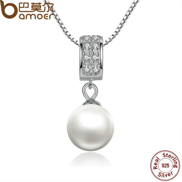 BAMOER 925 Sterling Silver Simulated Pearl Pendant Necklace Long Chain Necklace SCN030