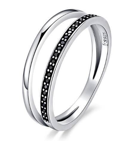 BAMOER 925 Sterling Silver Double Circle Black Clear CZ Stackable Finger Ring SCR082