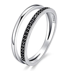 BAMOER 925 Sterling Silver Double Circle Black Clear CZ Stackable Finger Ring SCR082 - size6-SCR082 - Rings