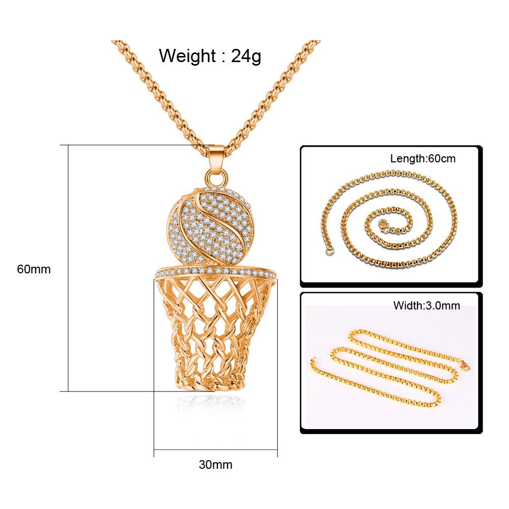 Men's Necklace Ice Gold Basketball And Hoop Necklace Gold Silver Steel Chain Pendant Long Chain Necklace Sport Cell Gift