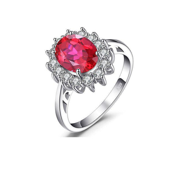 Princess Diana William Engagement Wedding Created Red Ruby Ring Set Pure 925 Sterling Silver Jewelry - Rings