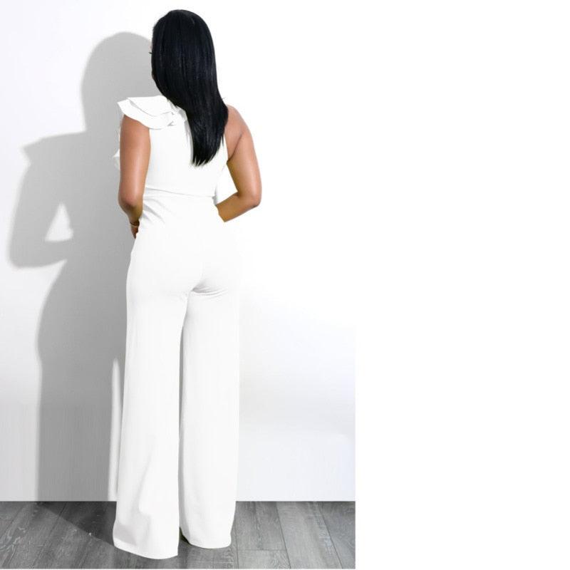 One Shoulder Ruffles Jumpsuits For Women Fashion V Neck Long Wide Leg Pants