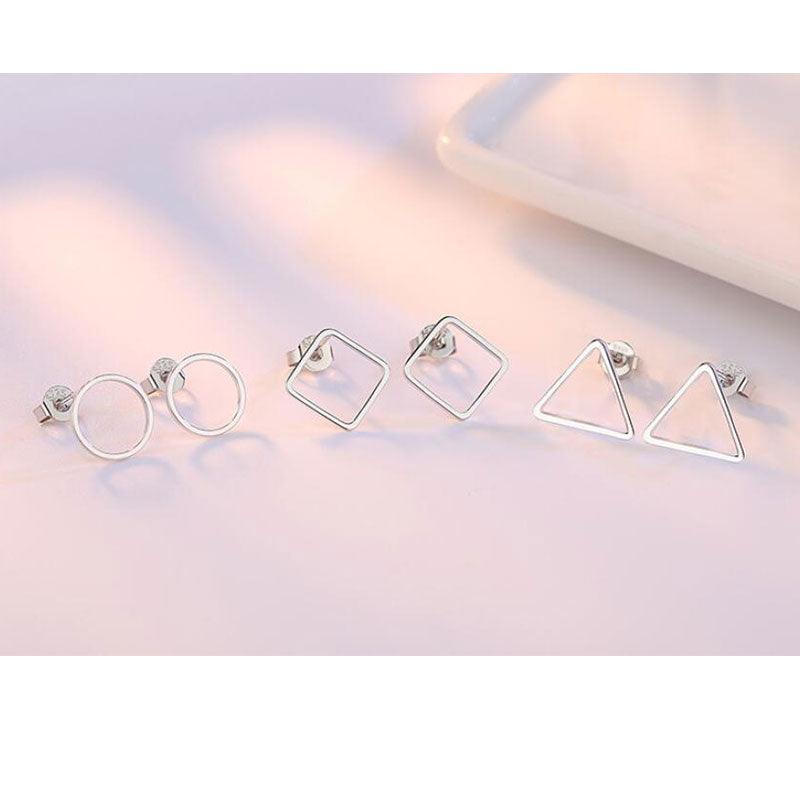 ANENJERY 925 Sterling Silver Simple Geometric Circle Square Triangle Stud Earrings For Women Gift Oorbellen S-E535 - DRE's Electronics and Fine Jewelry