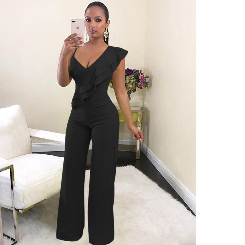 One Shoulder Ruffles Jumpsuits For Women Fashion V Neck Long Wide Leg Pants - DRE's Electronics and Fine Jewelry