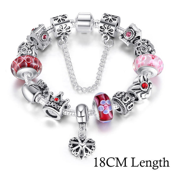 Jewelry Silver Charms Bracelet & Bangles With Queen Crown Beads for Women - Red 18cm PA1823 - bracelets