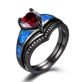 Heart Fire Opal Rings For Women Vintage Fashion Jewelry Engagement Black Gold Filled Rainbow Blue Birthstone Ring - Red / 5 - Sterling 