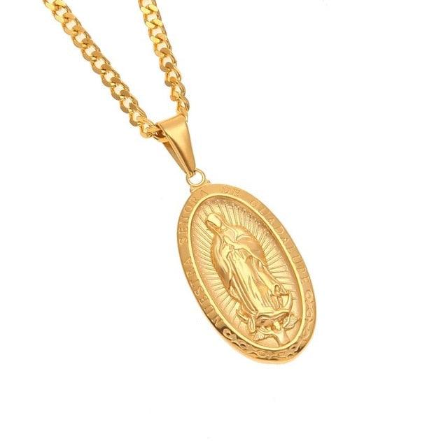 Catholic Religious Virgin Mary Necklace Pendant Stainless Steel Gold Color Cross Medallion Necklace - DRE's Electronics and Fine Jewelry