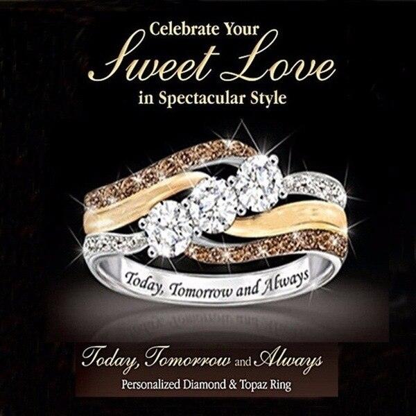 Europe and America Hot Sale Fashionable Personalized Letter Set Crystal Two-Tone Women's Wedding Ring