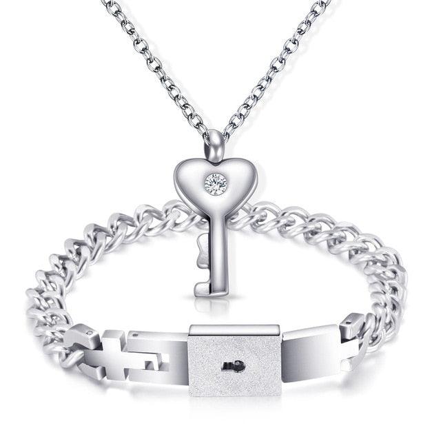 Couple Lovers Jewelry Love Heart Lock Bracelet Stainless Steel Bracelets Bangles Key Pendant Necklace Jewelry - DRE's Electronics and Fine Jewelry