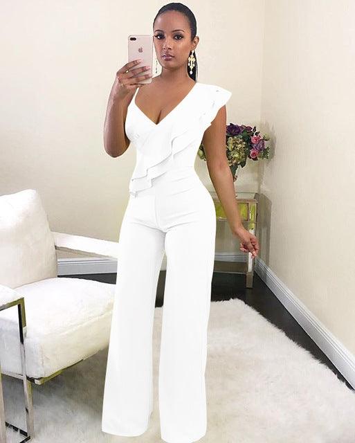 One Shoulder Ruffles Jumpsuits For Women Fashion V Neck Long Wide Leg Pants - DRE's Electronics and Fine Jewelry