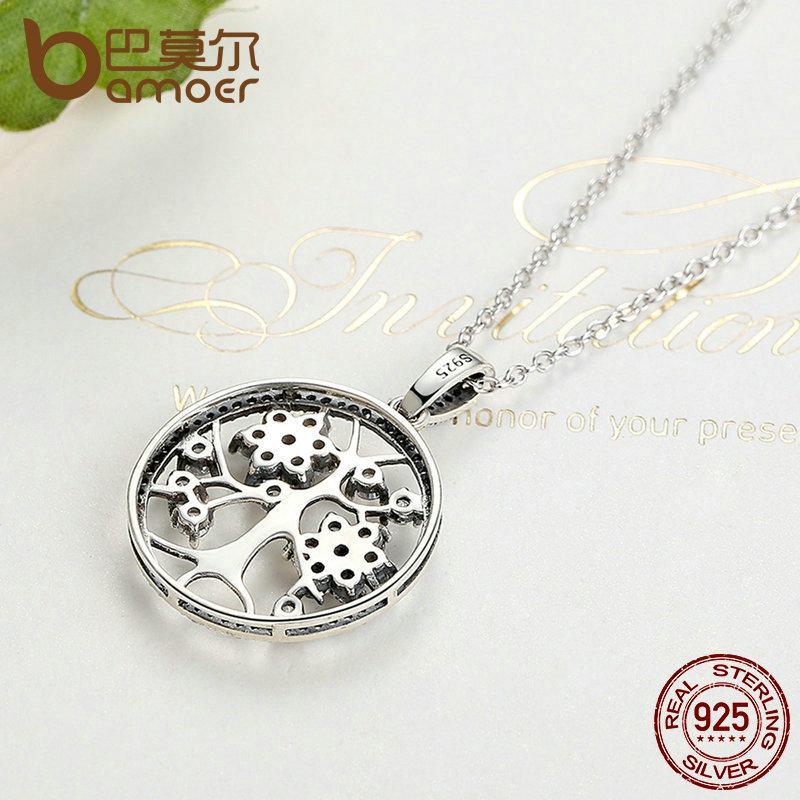 BAMOER 925 Sterling Silver Tree of Life Round Pendant Necklaces PSN013